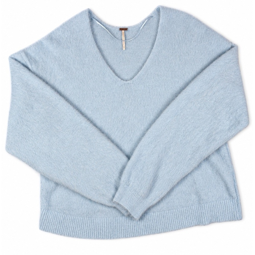 Free People Princess V-Neck Sweater S Baby Blue Fuzzy Oversized Super Soft Knit